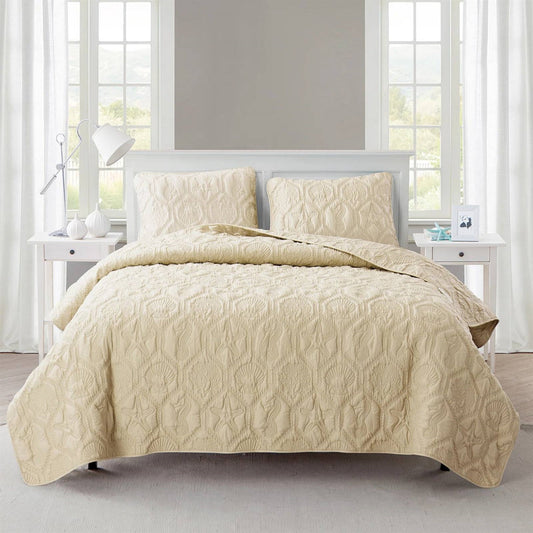 King size Coastal Beach Starfish Seashells Sea Horse Sand Tan 3-Piece Quilt Set-0