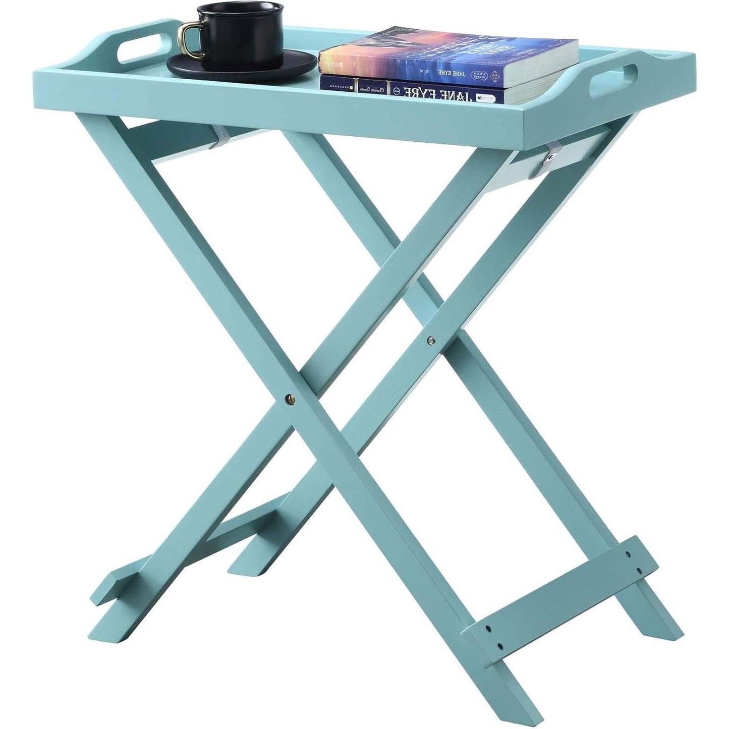 Folding TV Tray Bedside Table in Light Blue Teal Turquoise Seafoam Wood Finish-1