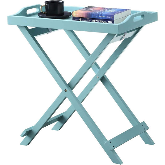 Folding TV Tray Bedside Table in Light Blue Teal Turquoise Seafoam Wood Finish-1