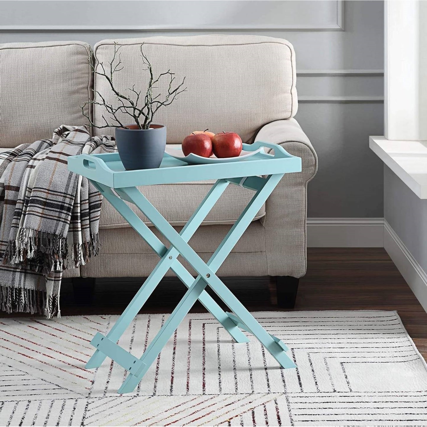 Folding TV Tray Bedside Table in Light Blue Teal Turquoise Seafoam Wood Finish-2