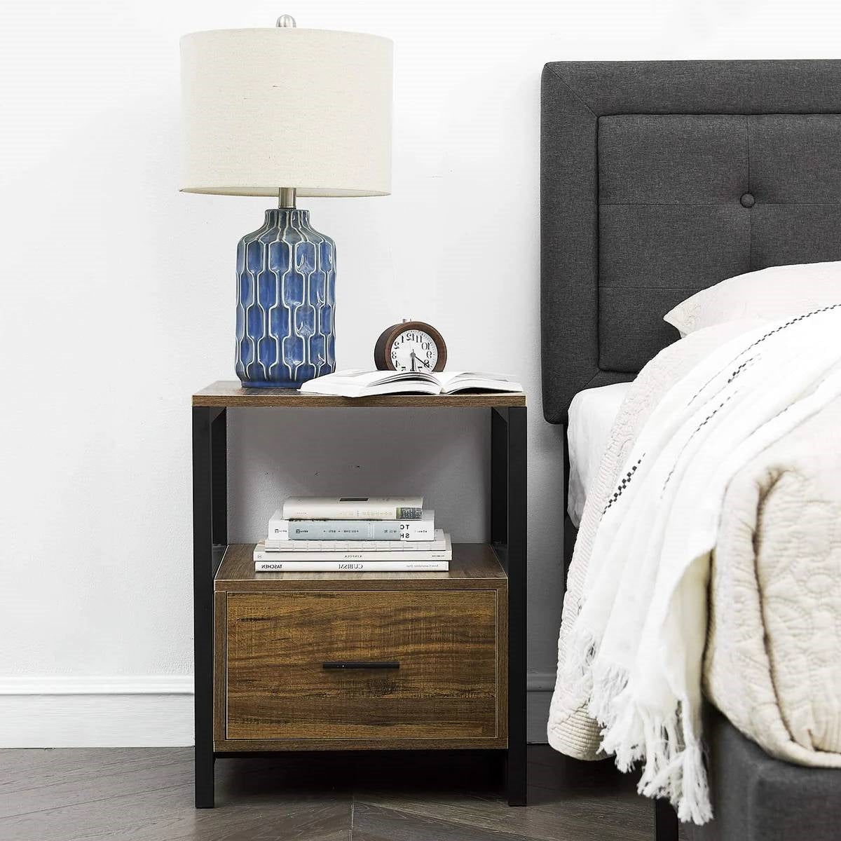 Set of 2 - Modern Metal Wood Side End Table Nightstand with Storage Drawer-2
