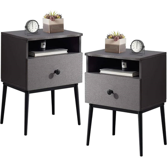 Set of 2 - Mid Century Modern Side Table Nightstand in Grey Black Wood Finish-0