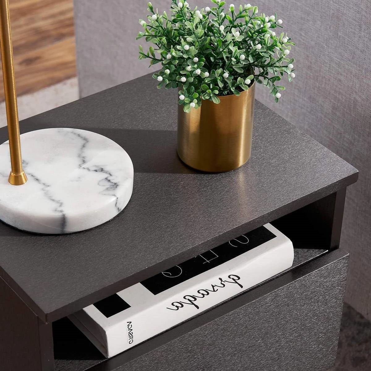 Set of 2 - Mid Century Modern Side Table Nightstand in Grey Black Wood Finish-3