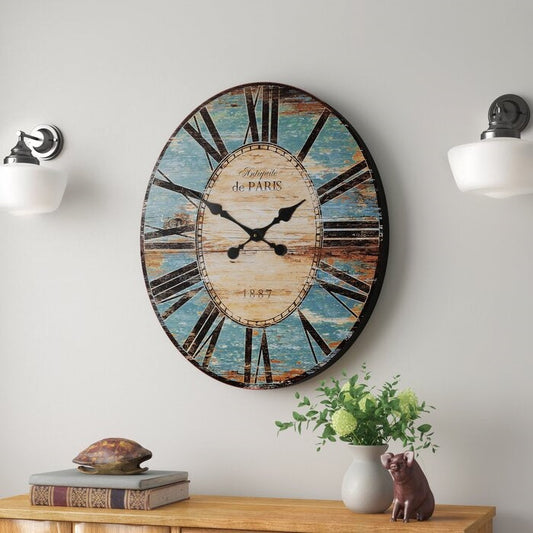 Turquoise Oversized Distressed Paris Wood Wall Clock-0