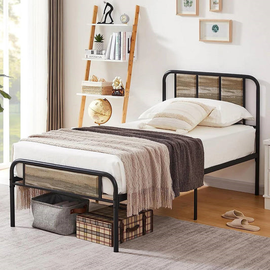 Twin Grey Wood Metal Platform Bed Frame with Rounded Headboard Footboard-0