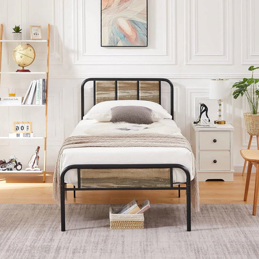 Twin Grey Wood Metal Platform Bed Frame with Rounded Headboard Footboard-1