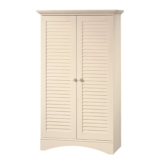 Antique White Finish Wardrobe Armoire Storage Cabinet with Louver Doors-0