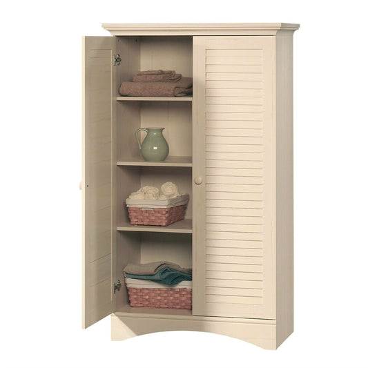 Antique White Finish Wardrobe Armoire Storage Cabinet with Louver Doors-1