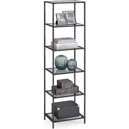 Narrow Glass Shelves Bookcase 5-Shelf Shelving Unit with Black Grey Metal Frame-0
