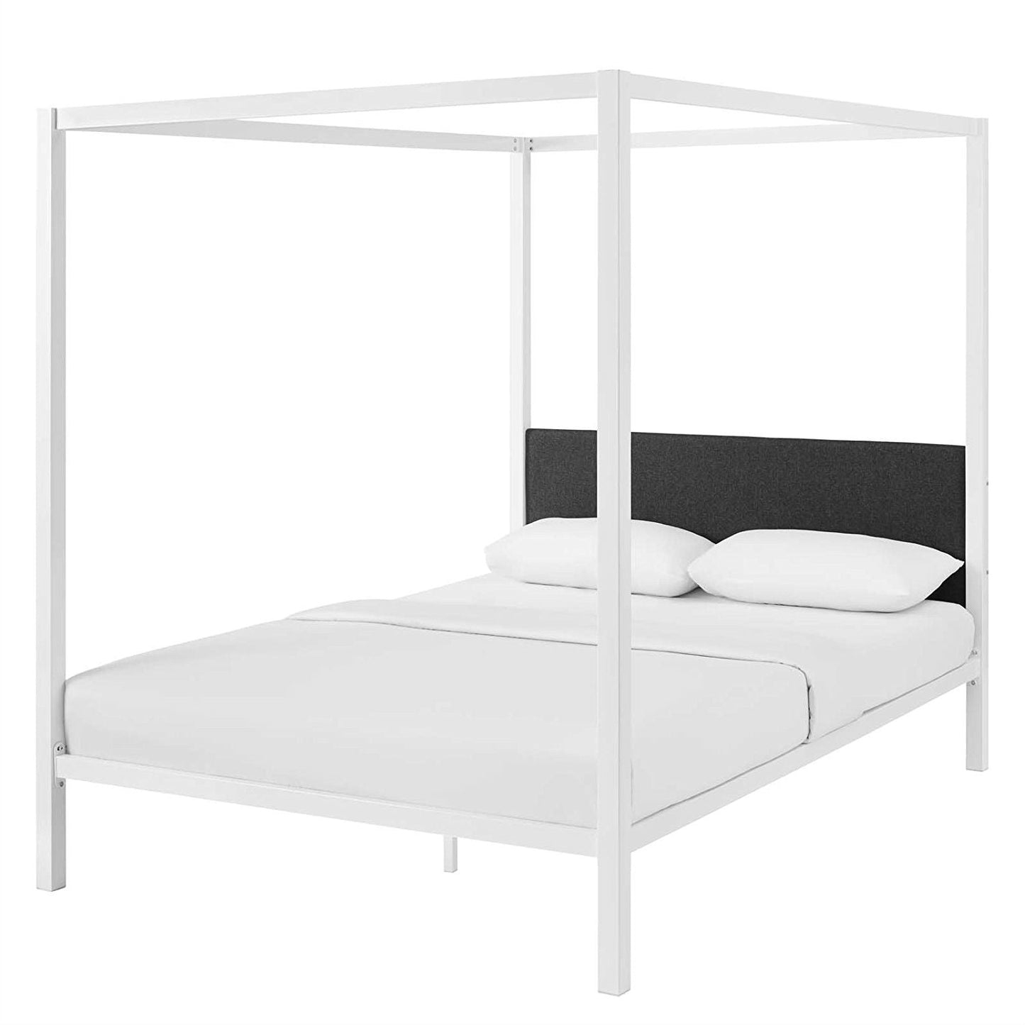 Queen size White Metal Canopy Bed Frame with Grey Fabric Upholstered Headboard-1