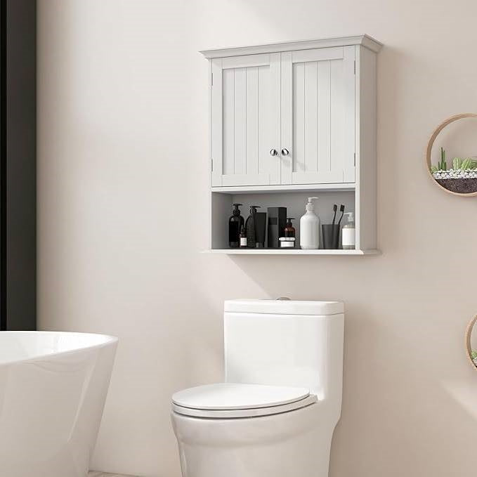 Wall Mounted Bathroom Medicine Cabinet with Open Storage Shelf in White-1