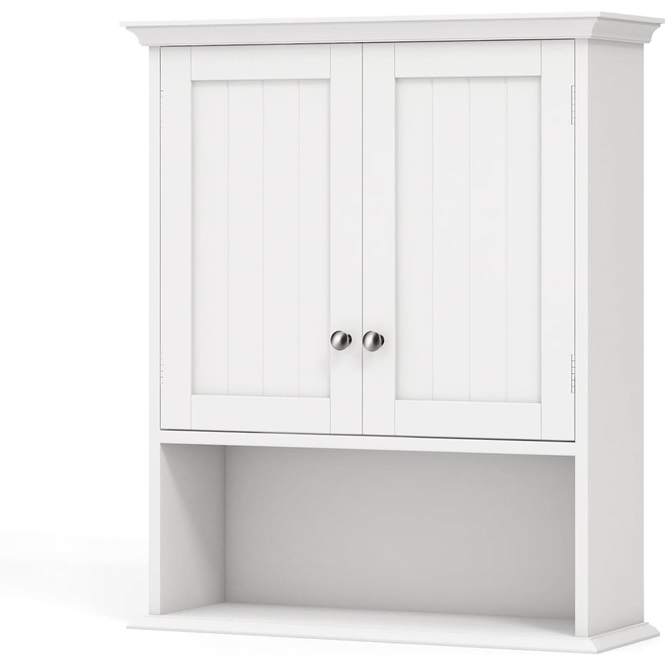 Wall Mounted Bathroom Medicine Cabinet with Open Storage Shelf in White-2