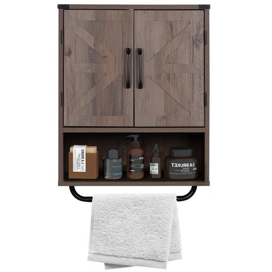 Farmhouse Bathroom Wall Cabinet with Towel Bar in Taupe Grey Brown Wood Finish-0