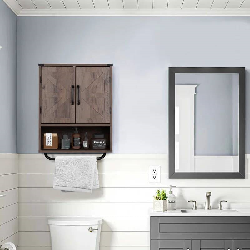 Farmhouse Bathroom Wall Cabinet with Towel Bar in Taupe Grey Brown Wood Finish-1