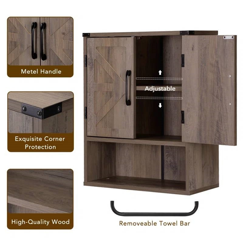 Farmhouse Bathroom Wall Cabinet with Towel Bar in Taupe Grey Brown Wood Finish-3