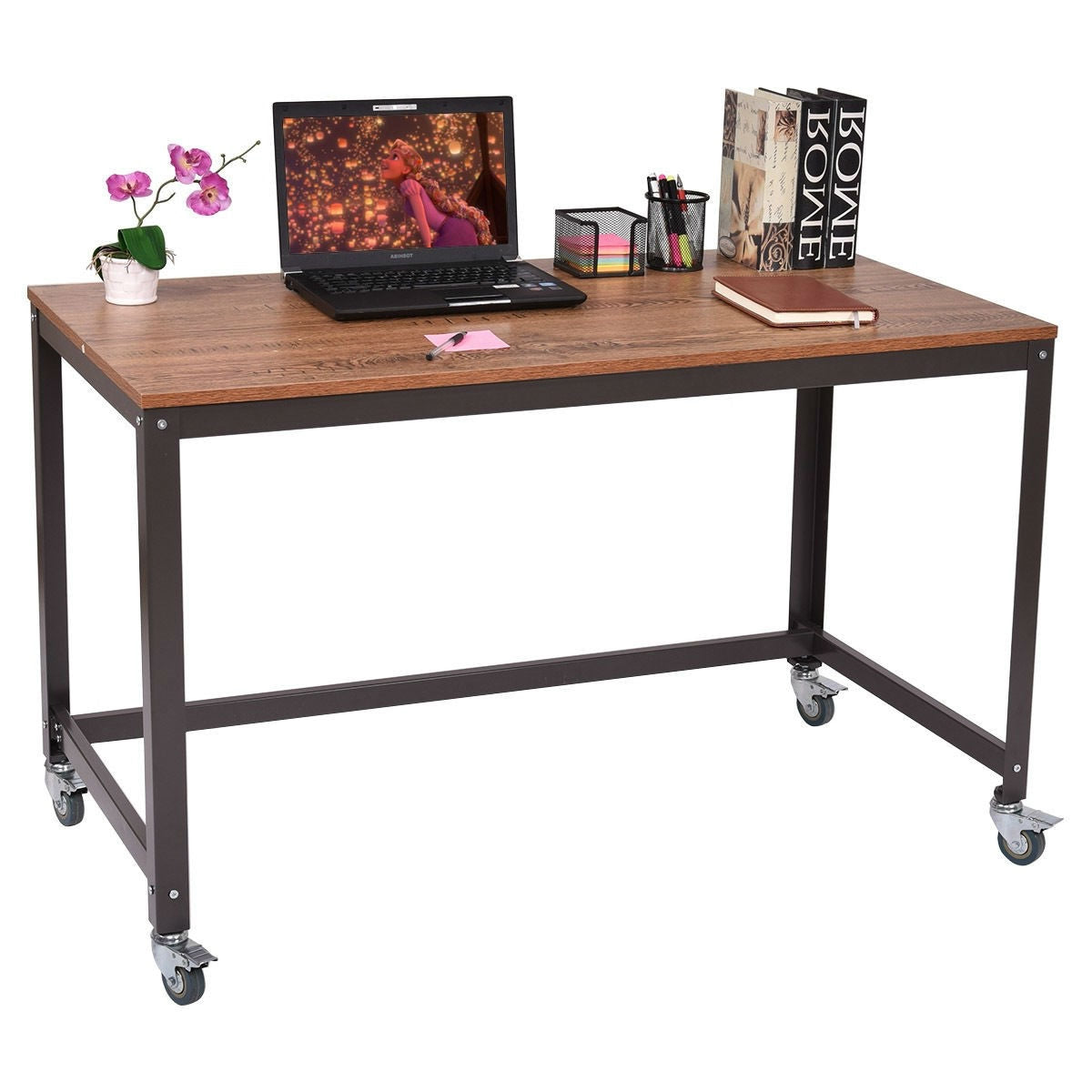 Industrial Modern Steel Frame Wood Top Computer Desk with Locking Wheels-0