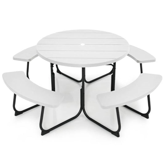 White Outdoor Metal and HDPE Picnic Table Bench Set with Umbrella Hole - Seats 8-0
