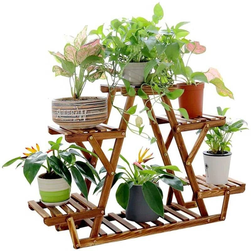 Solid Wood Triangular 6-Shelf Indoor Outdoor Flower Pot Plant Stand-0