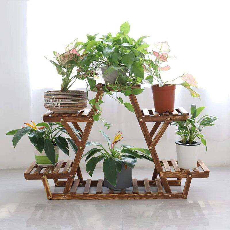 Solid Wood Triangular 6-Shelf Indoor Outdoor Flower Pot Plant Stand-3