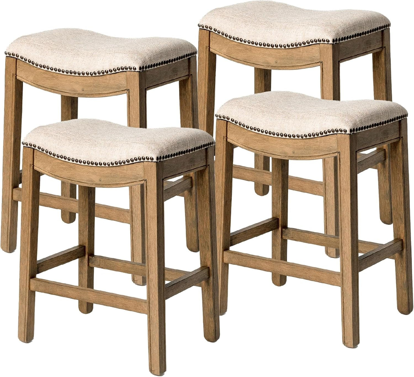 Adrien 26 Inch Counter Height Upholstered Backless Saddle Barstool in Natural Wood Finish with Wheat Cream Fabric Cushion Seat, Set of 4-0