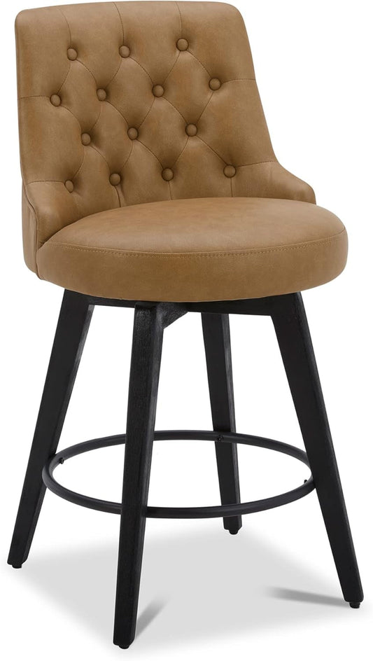 Counter Height Bar Stools, Faux Leather Upholstered Modern Swivel Barstool with Back, Solid Wood Legs, 26" H Seat, Cognac-0