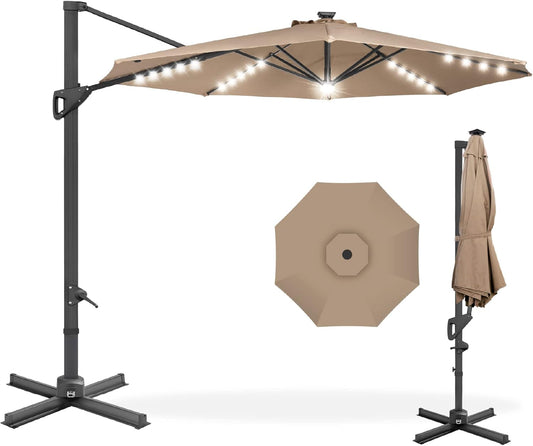 10Ft Solar LED Cantilever Patio Umbrella, 360-Degree Rotation Hanging Offset Market Outdoor Sun Shade for Backyard, Deck, Poolside W/Lights, Easy Tilt, Cross Base-0