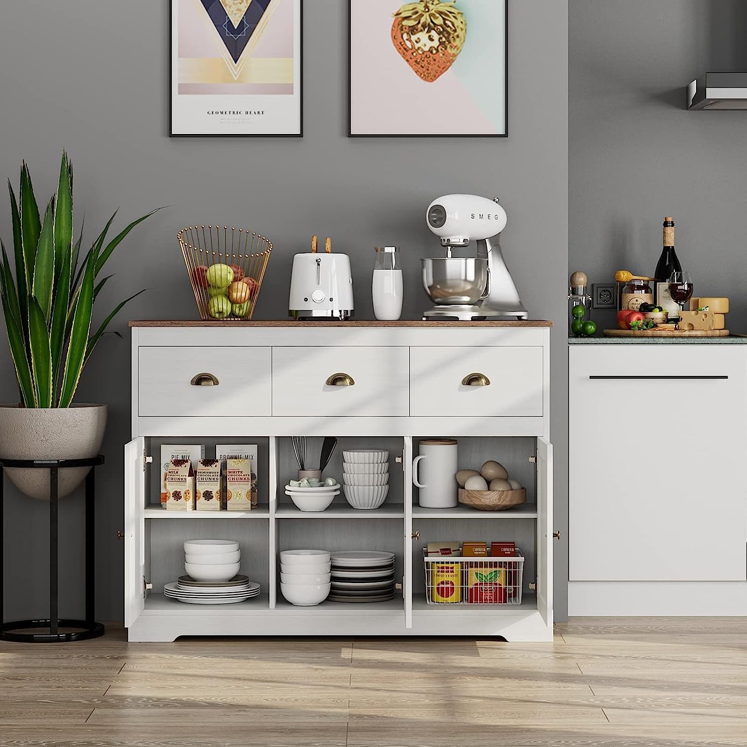 Buffet Cabinet Storage Kitchen Cabinet Sideboard Farmhouse Buffet Server, Antique White-0