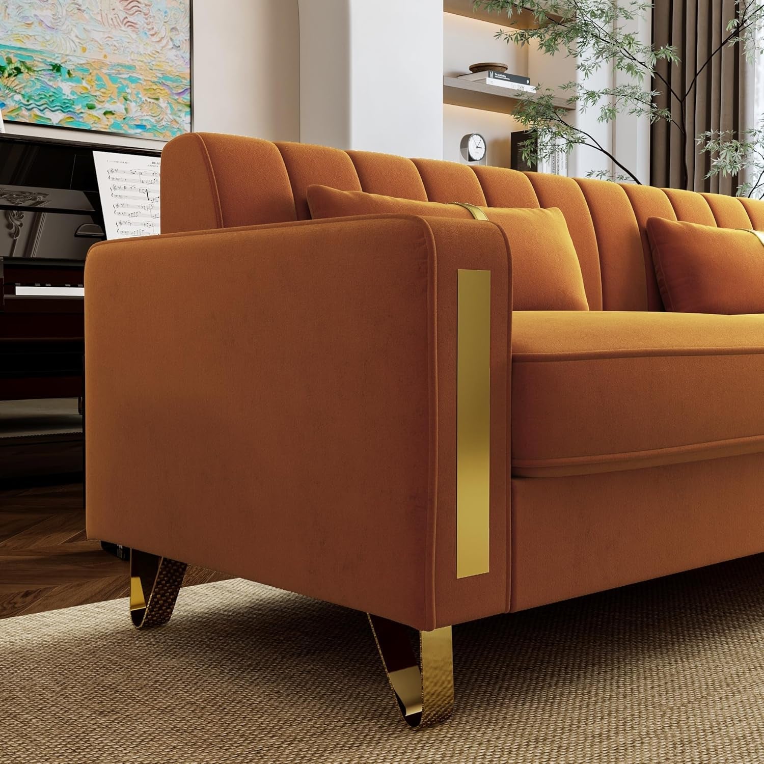 2-Piece Loveseat Couch Set for Living Room, 86" Orange Velvet Sofa Couch with 4 Pillows & Gold Metal Legs, Modern Upholstered Sofa Set Love Seat Sectional Couches for Apartment Home Office-3