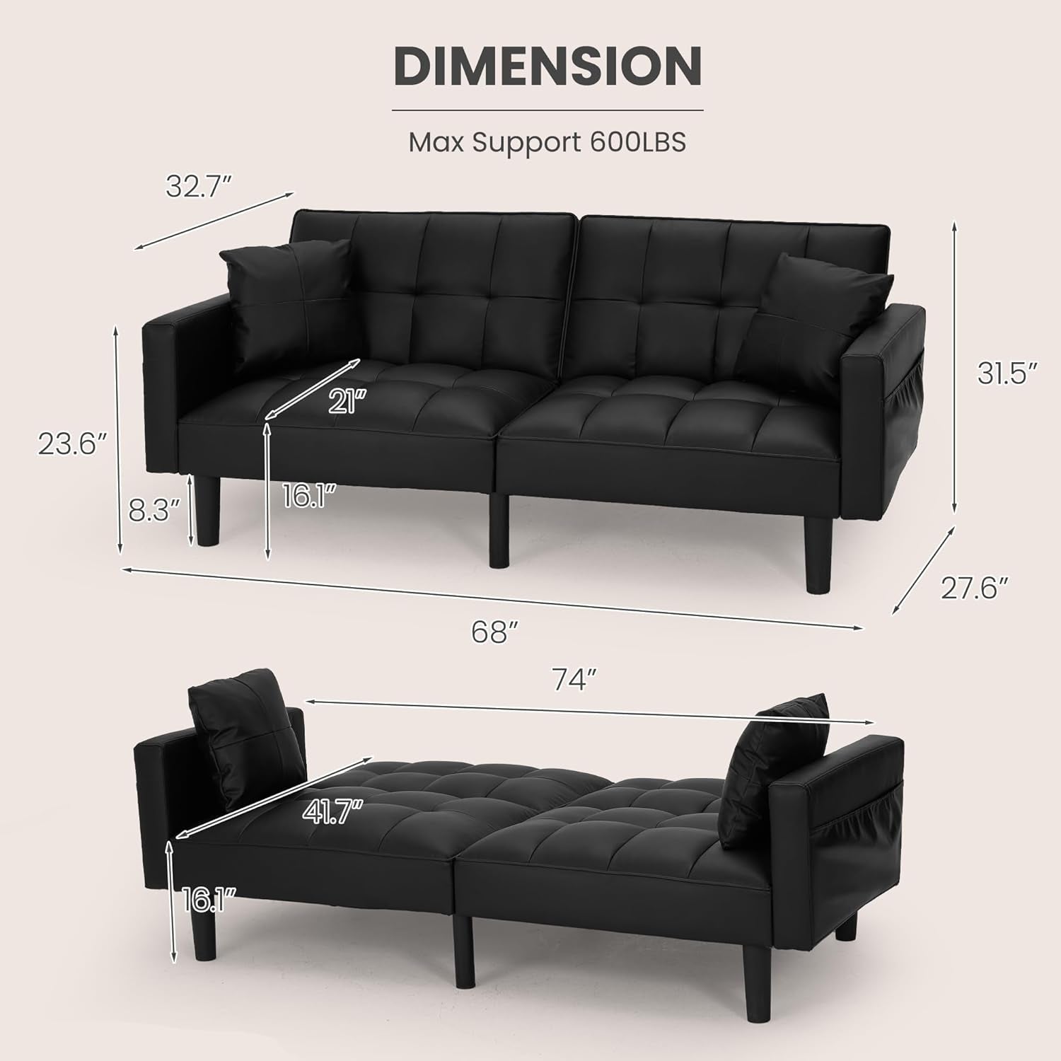 Faux Leather Futon Couch, Convertible Sofa Bed with Adjustable Back, Modern Sleeper Sofa for Living Room, Black-1