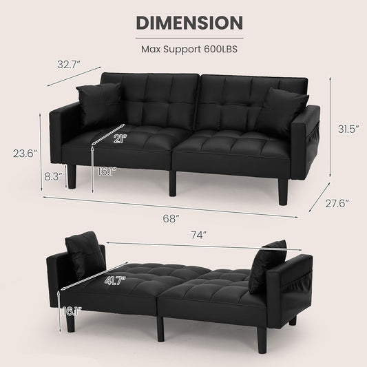 Faux Leather Futon Couch, Convertible Sofa Bed with Adjustable Back, Modern Sleeper Sofa for Living Room, Black-1