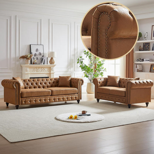 Brown Tech Fabric Sofa Set: 3-Seater & Loveseat with Pillows-0