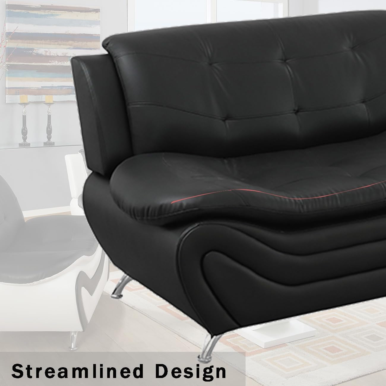 Leather Couches for Living Room, Living Room Couch Set, Sofa for Bedroom, Apartment, Living Room Furniture Sets (A-Leather Black, Sofa+Loveseat)-2