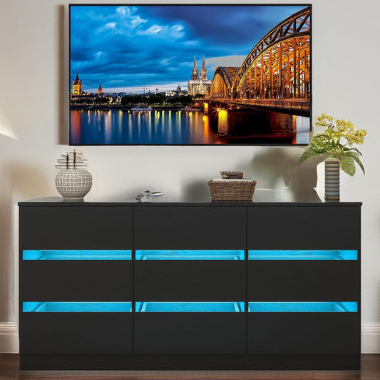 9 Drawer Dresser for Bedroom, Black Dresser with Embedded Handle, Modern Wood Dresser for Bedroom, Living Room, Hallway-0