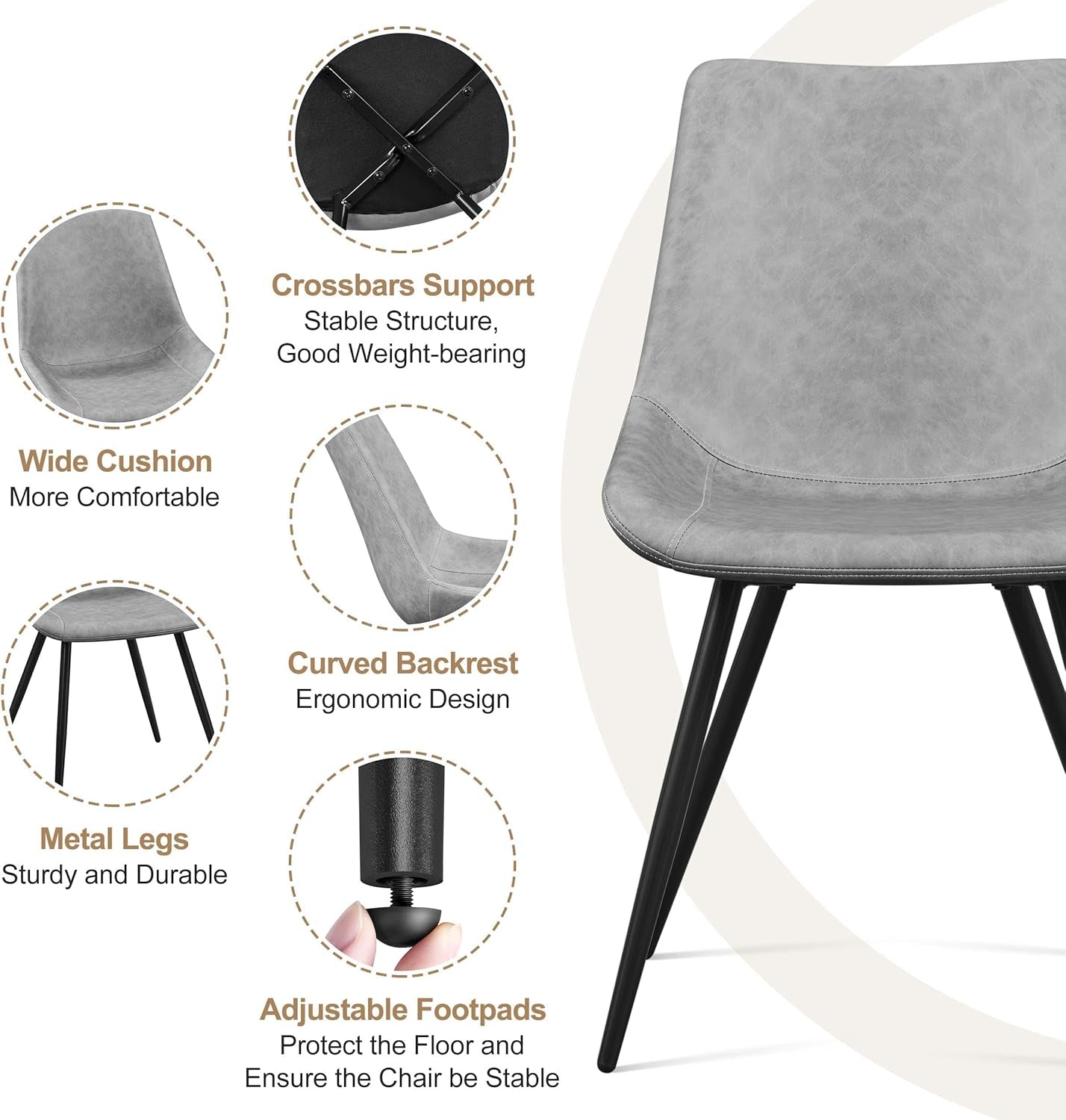 Dining Chairs Set of 2 Modern Upholstered Dining Room Chairs Faux Leather Mid Century Kitchen Chairs with Metal Legs for Dining Room Kitchen, Grey-3