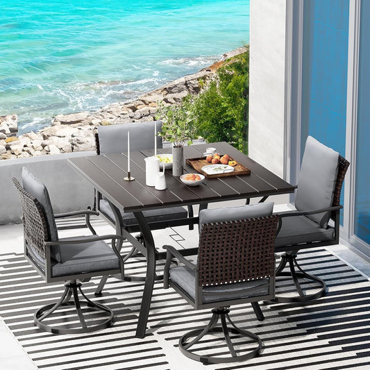 5 Piece Outdoor Patio Dining Set with 4 Swivel Dining Chairs & 1 Large round Dining Table,Bistro Furniture Set for Lawn, Garden, Deck, Backyard and Porch-0