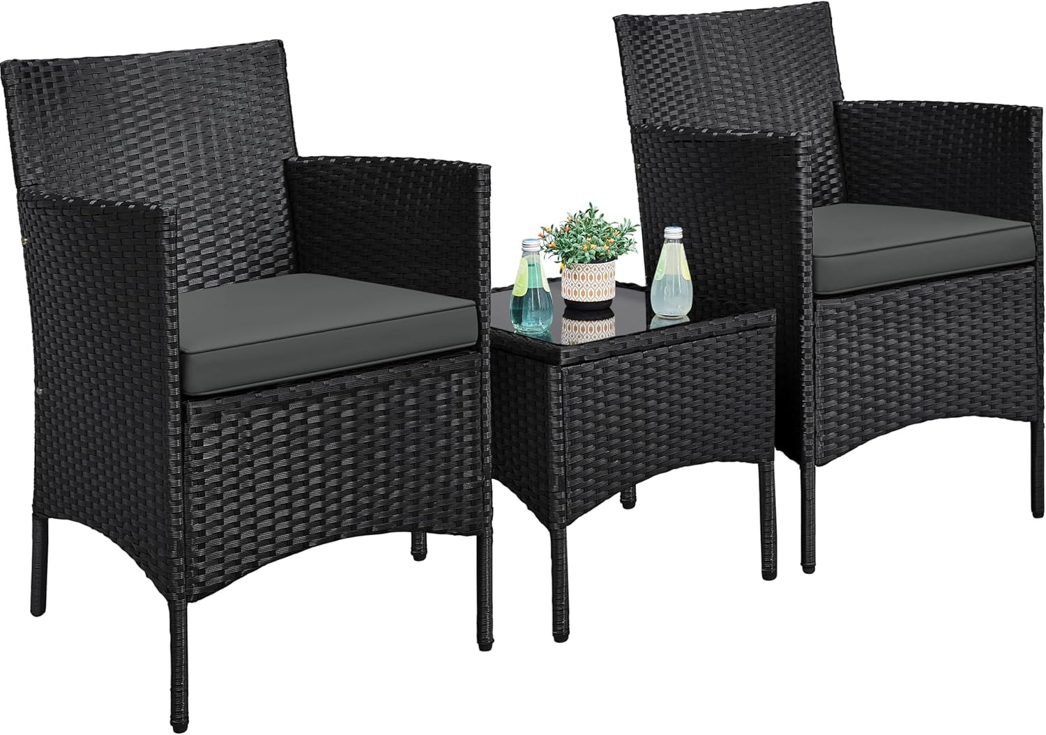 3 Pieces Patio Porch Furniture Set, Outdoor PE Rattan Wicker Conversation Set with Soft Cushions, Glass Coffee Table & 2 Chairs for Garden/Deck/Courtyard/Poolside, Black/Gray-0