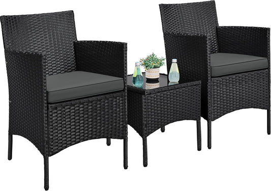 3 Pieces Patio Porch Furniture Set, Outdoor PE Rattan Wicker Conversation Set with Soft Cushions, Glass Coffee Table & 2 Chairs for Garden/Deck/Courtyard/Poolside, Black/Gray-0