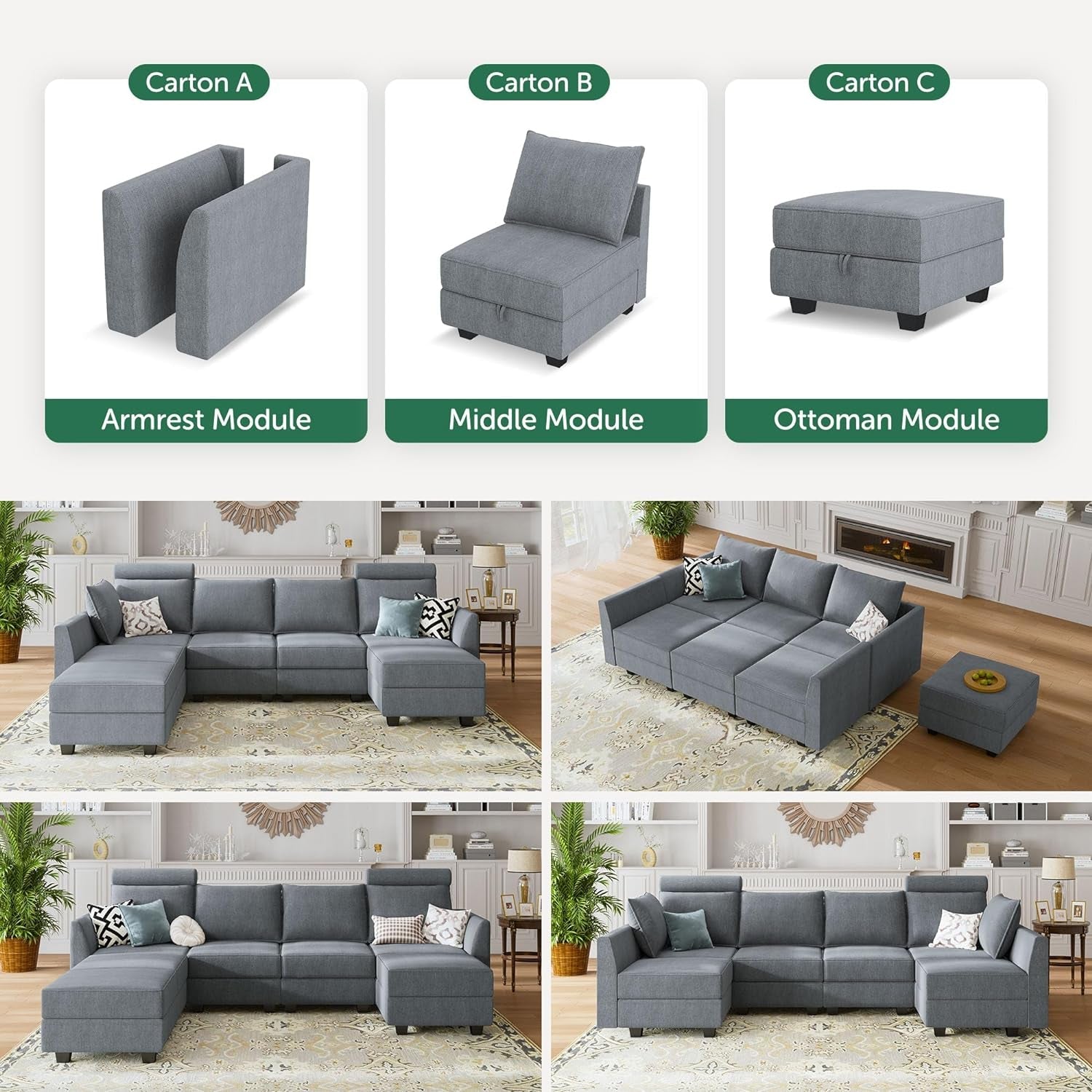 Modular U-Shaped Sectional Sofa Bluish Grey, Storage-4