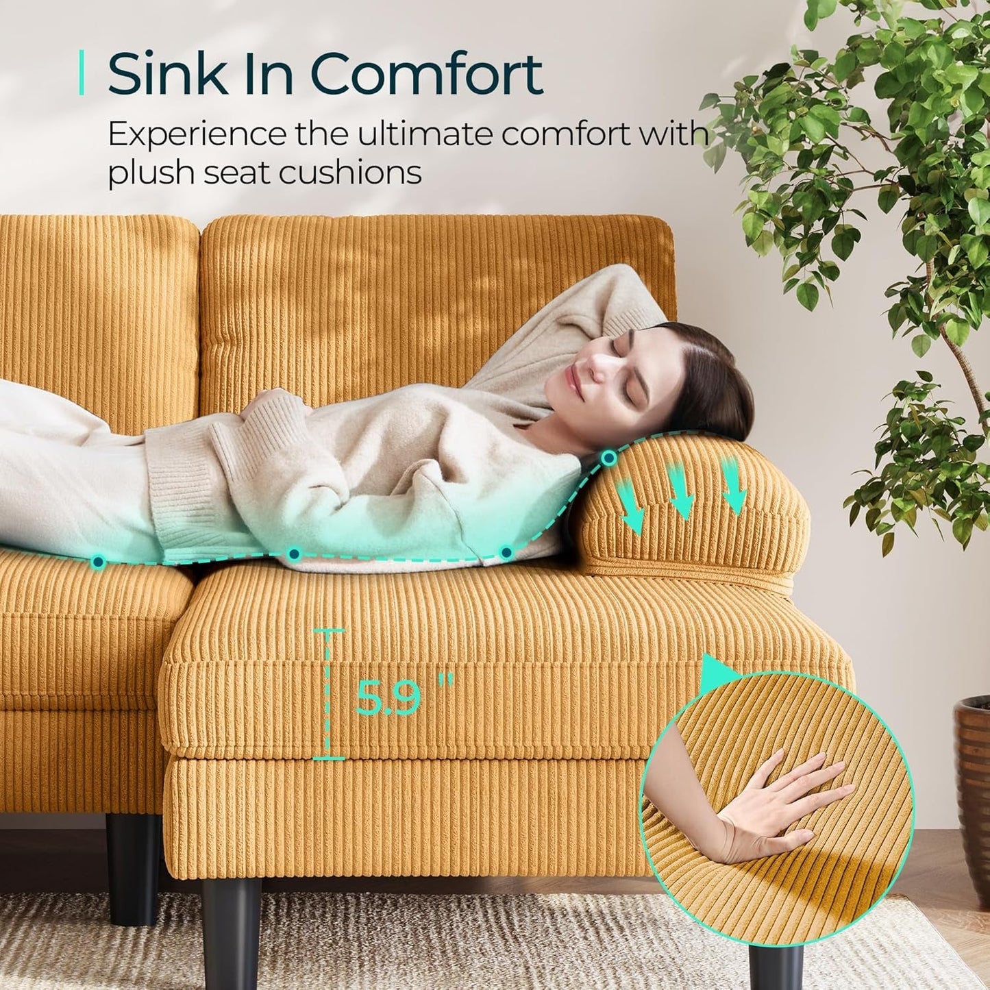 Sectional Couch, 111'' W Corduroy U Shaped Sofa with Sleepable Armrests, 4 Seat Couch with Double Chaises, Deep Sofa for Living Room, Yellow-3