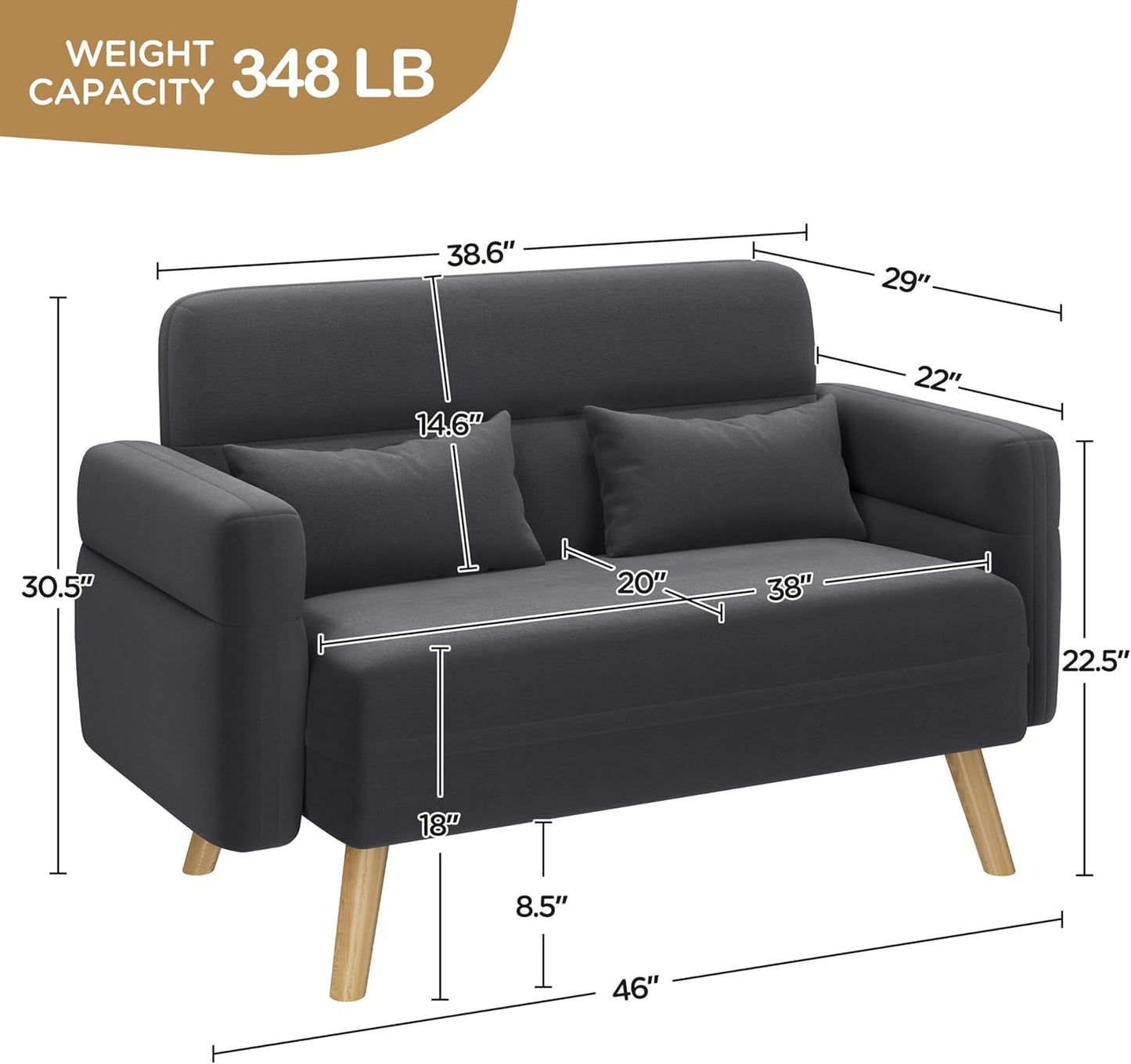 46" Small Modern Fabric Sofa Loveseat Mid Century 2 Seater Sofa Couch with Lumbar Pillows, Solid Wood Legs for Living Room, Small Space, Dorm, Office, Bedroom, Dark Gray-1