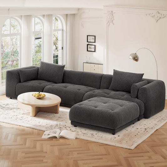 144" Cloud Sectional Couch with Ottoman,Modular Sectional Sofa with 3 Large Seat and 1 Ottoman for Living Room, Chenille, Gray-0