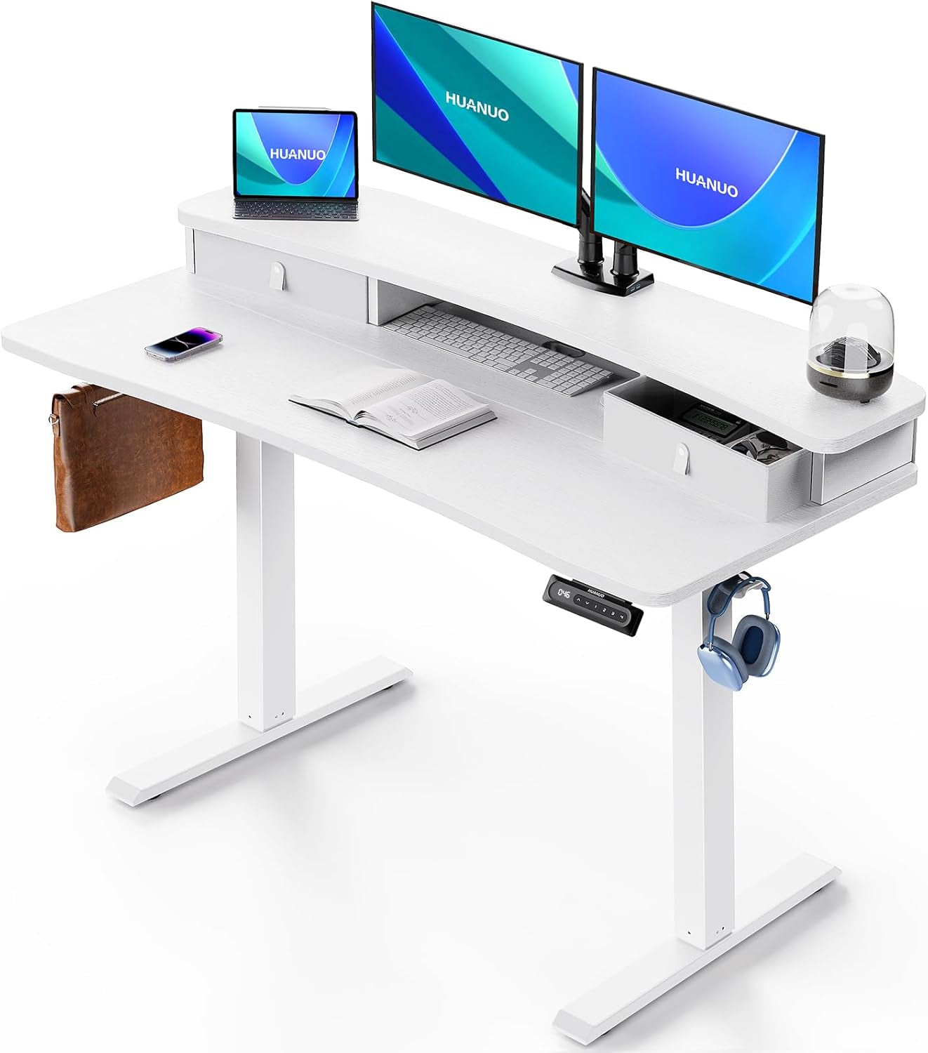 48″ X 24″ Electric Standing Desk with 2 Drawers, C-Clamp Mount Compatible, Height Adjustable Computer Desk, Home Office Stand up Desk with 4 Preset Heights & 2 Hooks, White-0