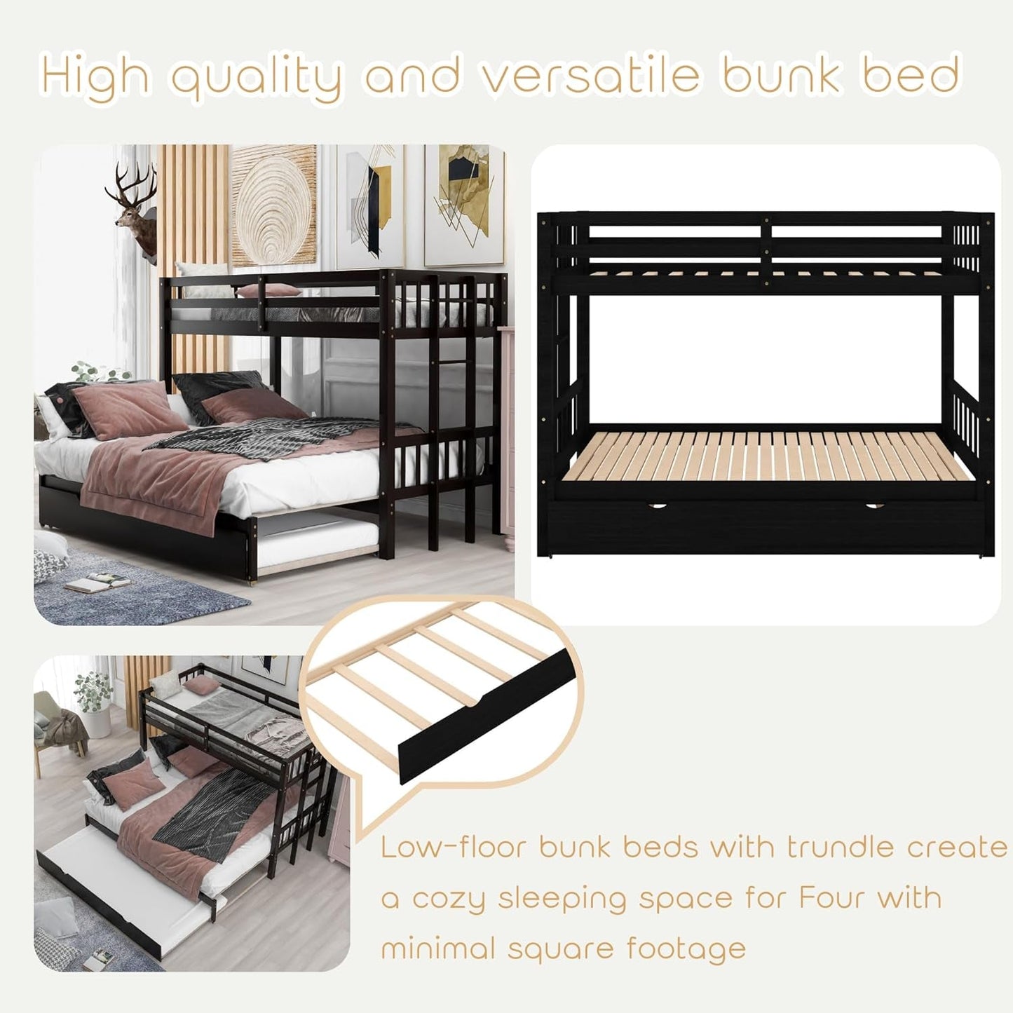 Twin over Twin/King Bunk Beds with Trundle, Twin over Pull-Out Bunk Bed Accommodate 4 People for Kids, Adult, Extendable Bunk Beds with Ladder and Safety Rail,Espresso-2