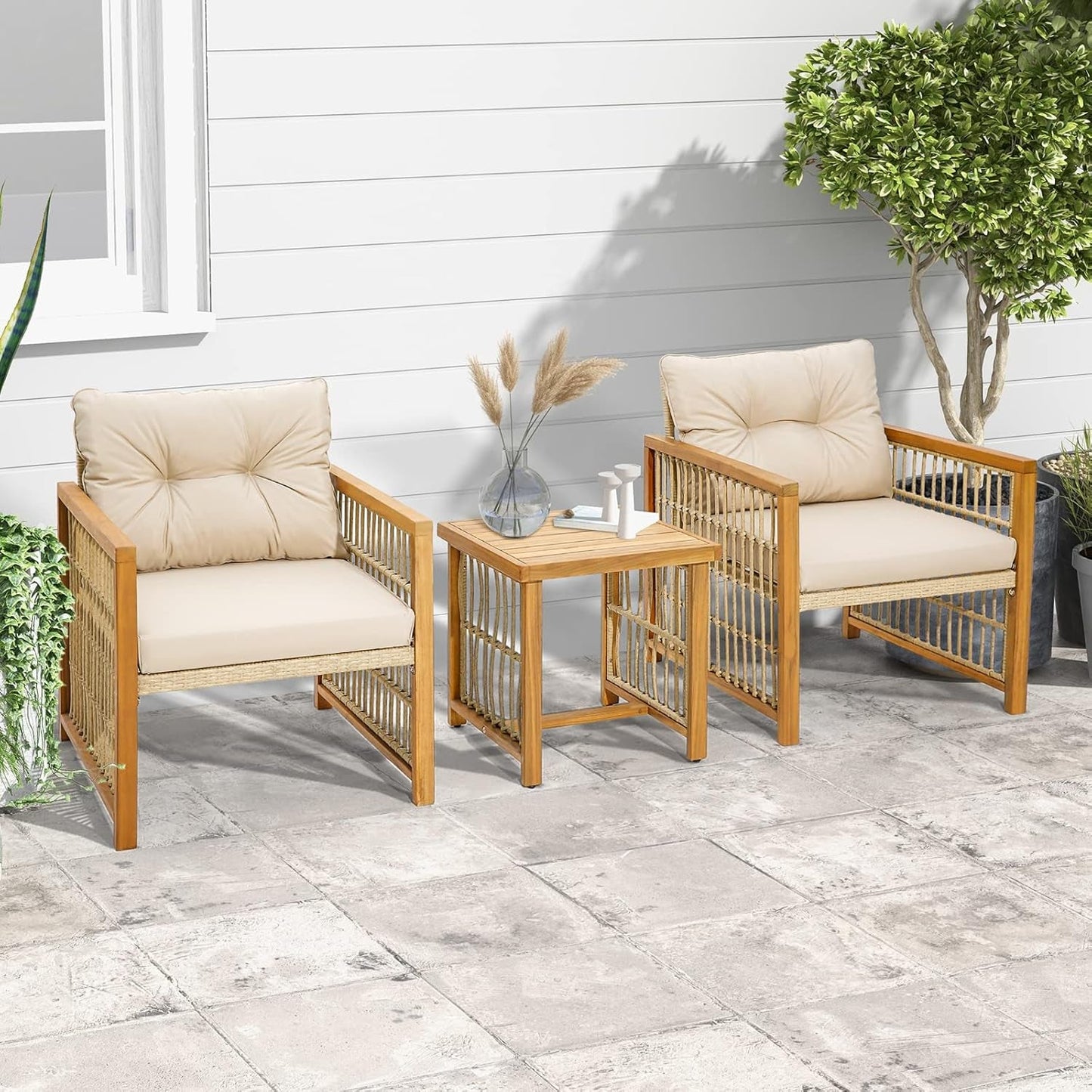 3 Pieces Acacia Wood Patio Furniture Set, PE Wicker Bistro Set with Cushioned Chairs and Coffee Table, Outdoor Conversation Set for Porch, Deck, Balcony, Backyard (Beige)-1
