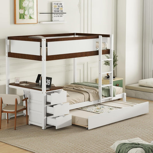 Twin over Twin Bunk Bed Twin Size Trundle, Wood Twin Bunk Bed with USB Ports, Storage and Desk, White+Walnut-0