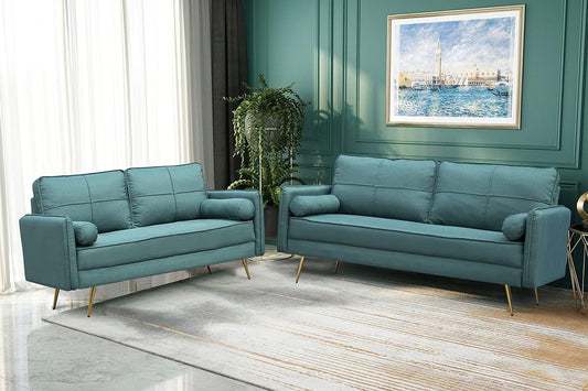 Modern 2 Piece Sofa Set Velvet Loveseat & Sofa Set with Bolsters & Metal Legs for Living Room - Green-1