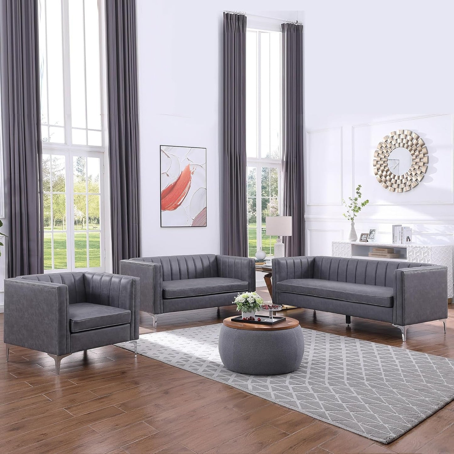 3 Pieces Living Room Furniture Small Sofa Set, Faux Leather Comfy Couch Set Modern Minimalist Upholstered with Metal Legs for Bedroom, Apartment Office, Grey-0