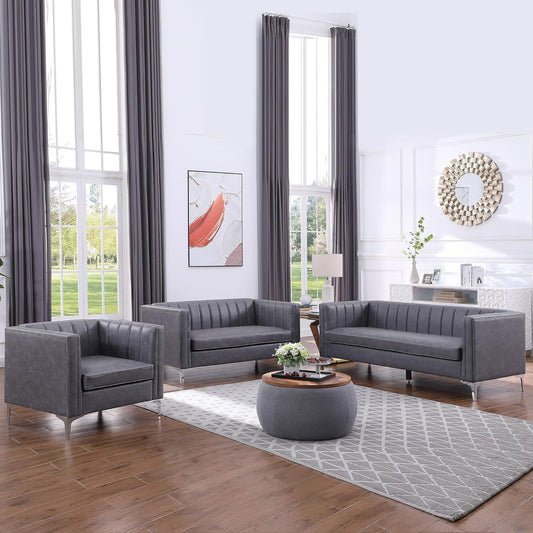 3 Pieces Living Room Furniture Small Sofa Set, Faux Leather Comfy Couch Set Modern Minimalist Upholstered with Metal Legs for Bedroom, Apartment Office, Grey-0