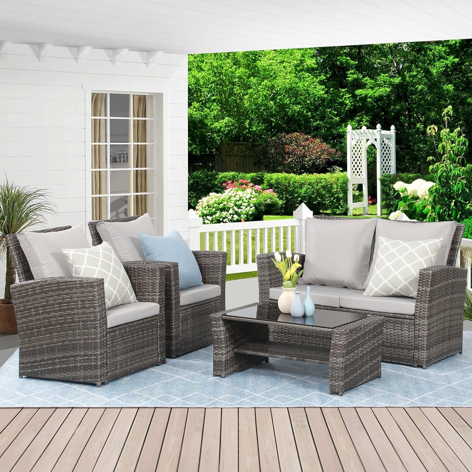 4 Piece Outdoor Patio Furniture Sets, Wicker Conversation Set for Porch Deck, Gray Rattan Sofa Chair with Cushion-1