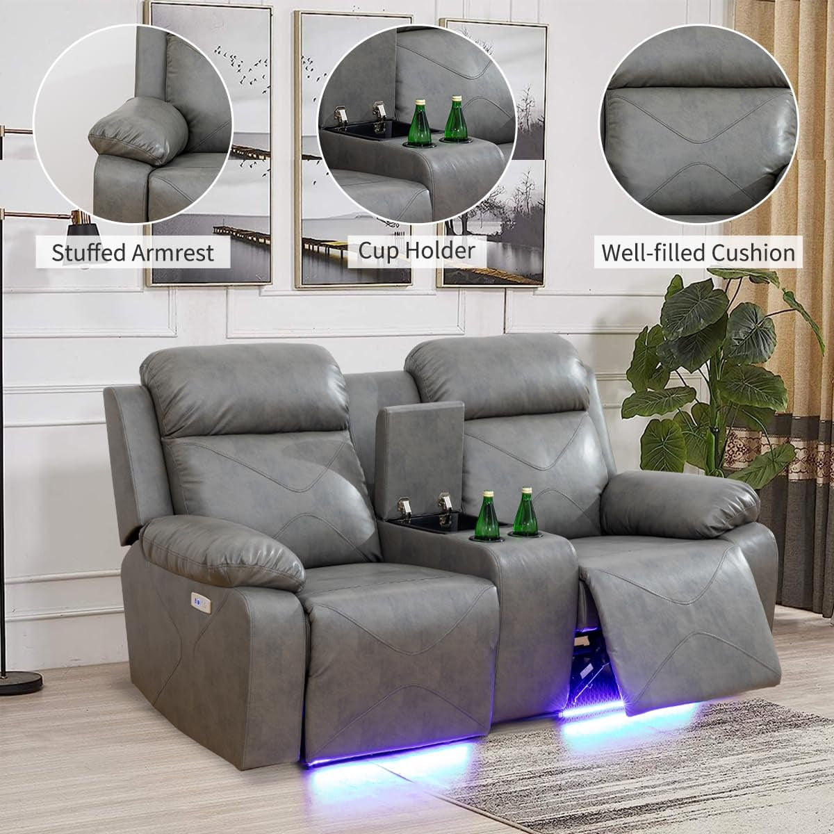 Power Recliner Sofa Set with LED Lights,Leather Living Room Furniture Set with USB Port/Storage Console/Cup Holders,Reclining Sofa Set for House/Home Theater(2 Pieces，Grey)-3